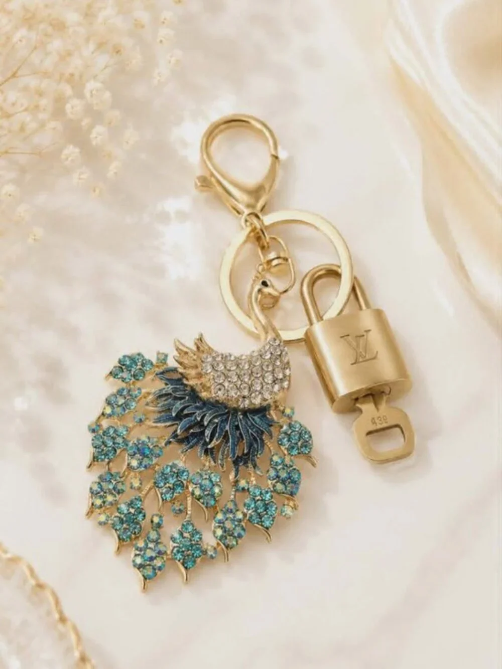 Authentic Louis Vuitton Gold Lock 🔒 Unbranded Peacock Keychain Bag Charm LV